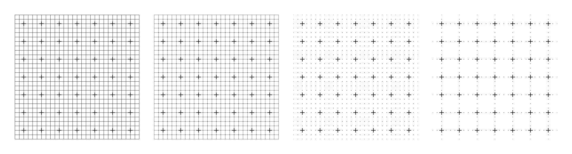 Black and white digital grid set with square outlines, cross markers, and fine spacing guides used in interface design, engineering plans, UI mockups, and modern tech frameworks vector