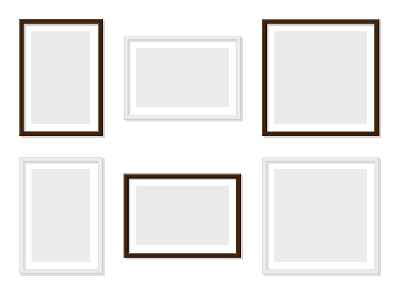 Set of vertical, horizontal and square picture frames with white and brown borders isolated on transparent background template for artwork display gallery exhibition interior design wall decoration vector
