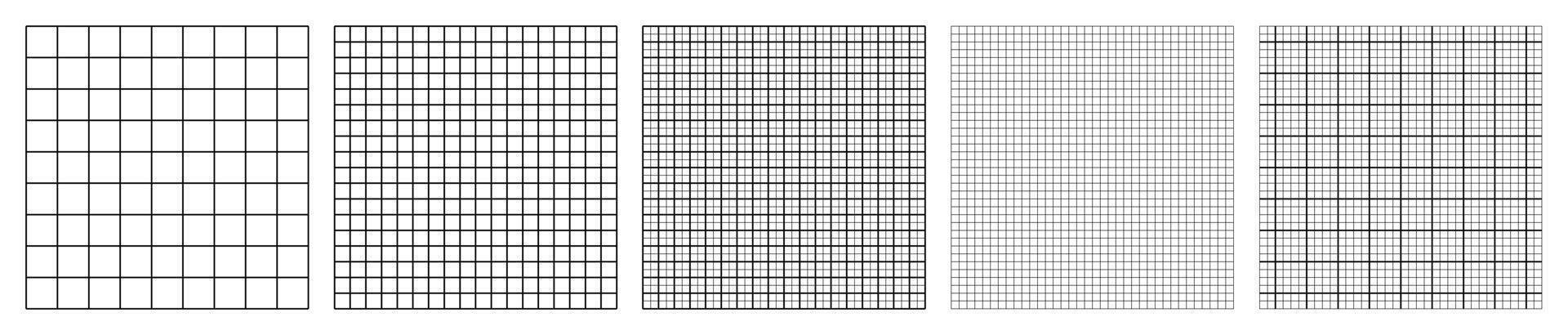 Square grid paper templates collection blank white pages with thin black lines for technical drawing school math bullet journal sketching drafting background printable stationery sheet vector