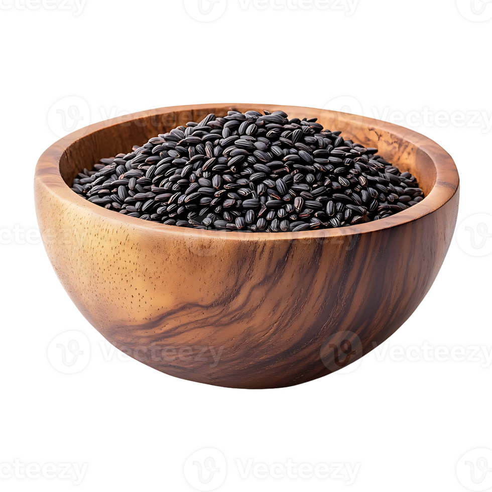 A polished wooden bowl filled to the brim with uncooked black rice on transparent background png