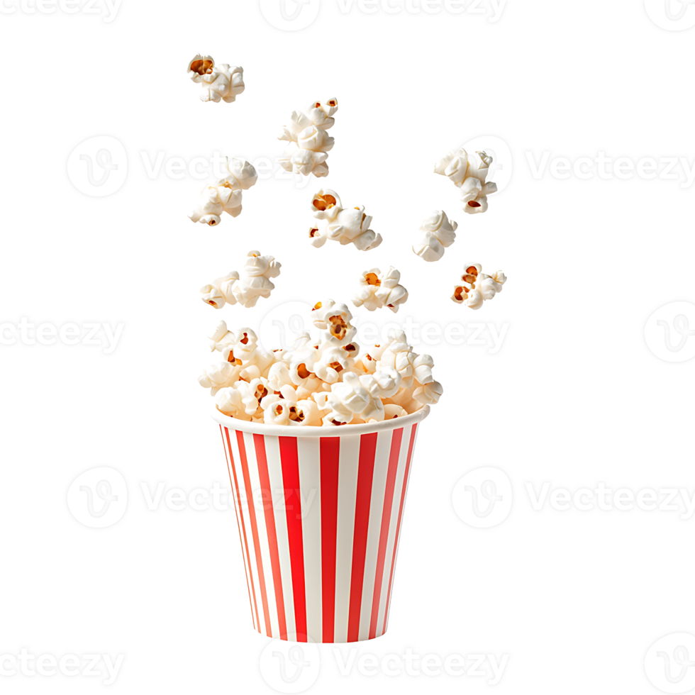 A cup full of popcorn is spilling over, flying on transparent background png