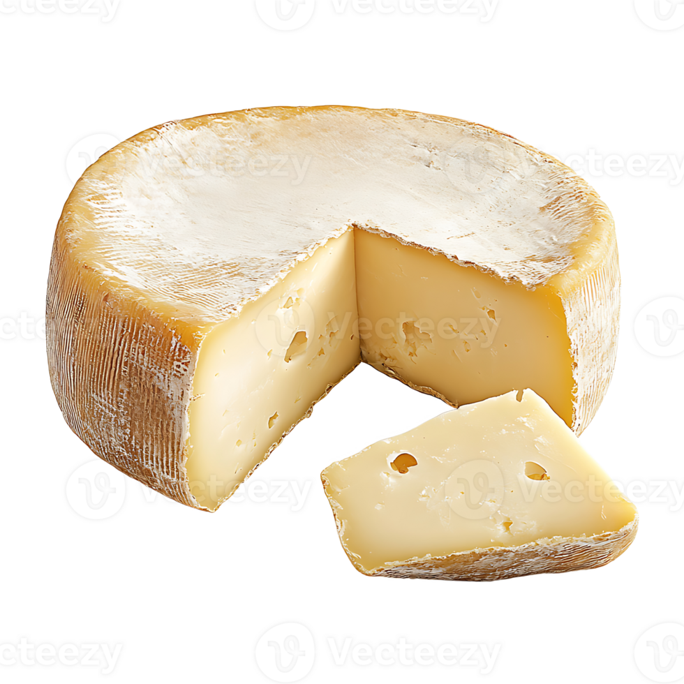 A wheel of Swiss cheese with a cut piece is displayed on transparent background png