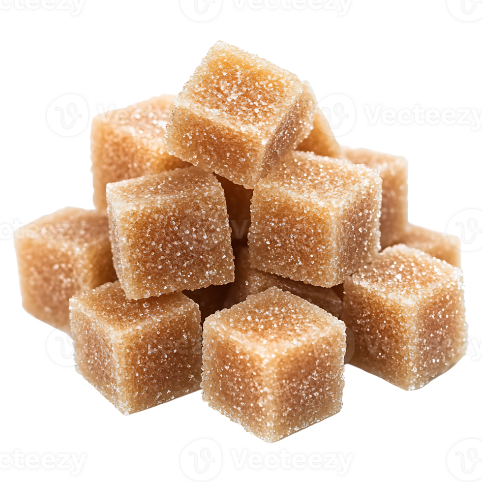 A stack of sweet brown sugar cubes is piled high on transparent background png