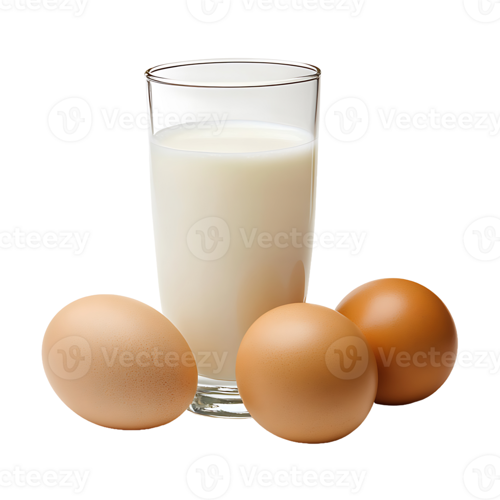 Tall glass of milk sits with brown eggs on transparent background png