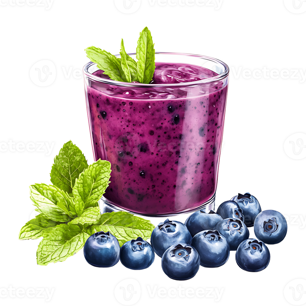 A vibrant blueberry smoothie is garnished with fresh mint next to whole berries on transparent background png