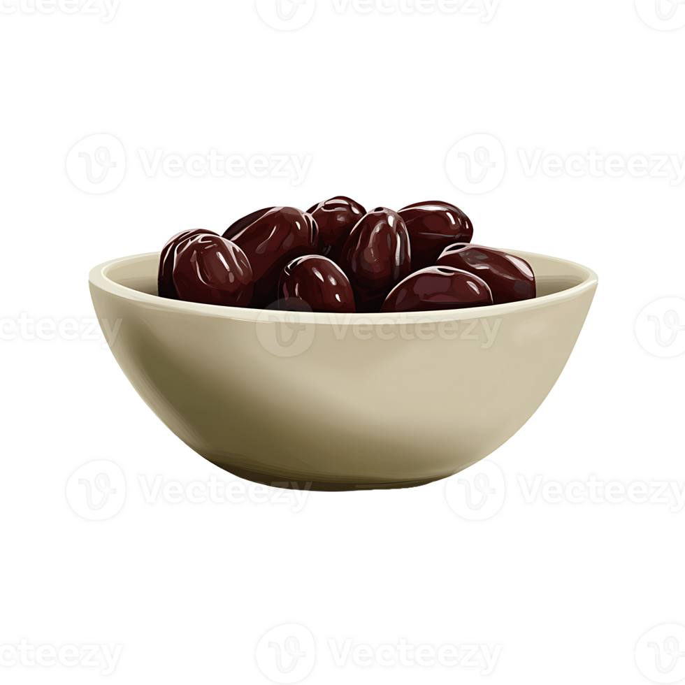 Creamy bowl filled with multiple glossy dark brown dates on transparent background png