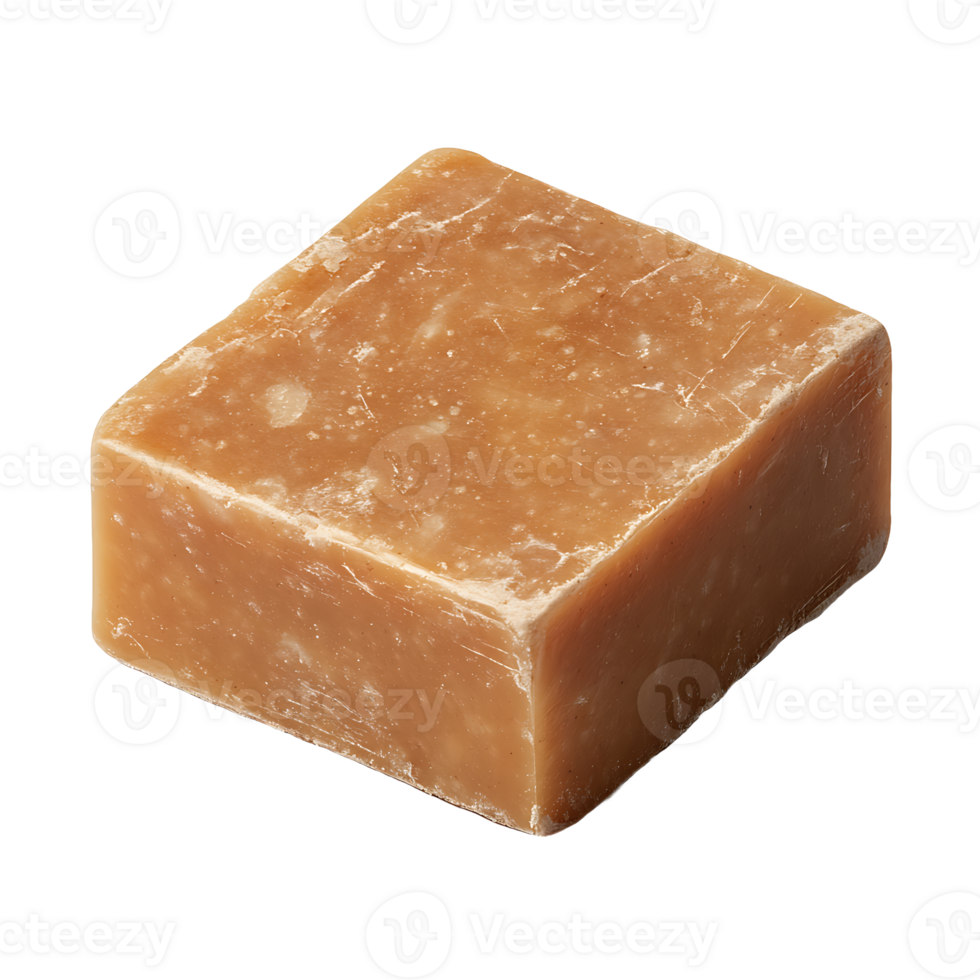 A square of handmade brown soap sits ready for use on transparent background png