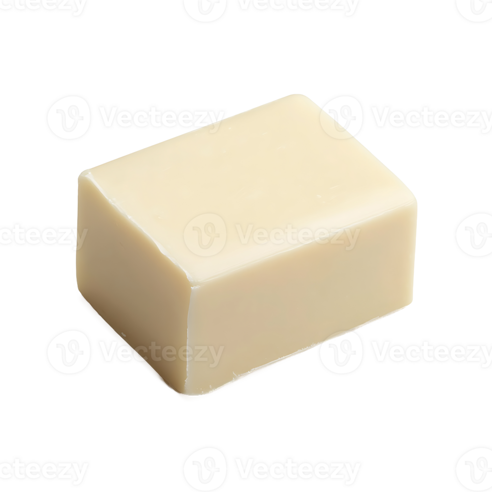A clean, rectangular, shiny, and smooth bar of yellowish soap sits on transparent background png