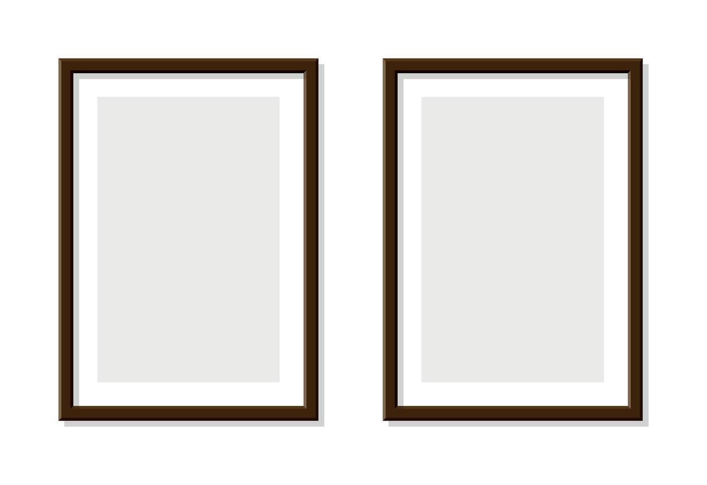 Two vertical brown wooden picture frames with inner white borders isolated on transparent background mockup template for artwork print poster gallery wall decor interior design presentation vector