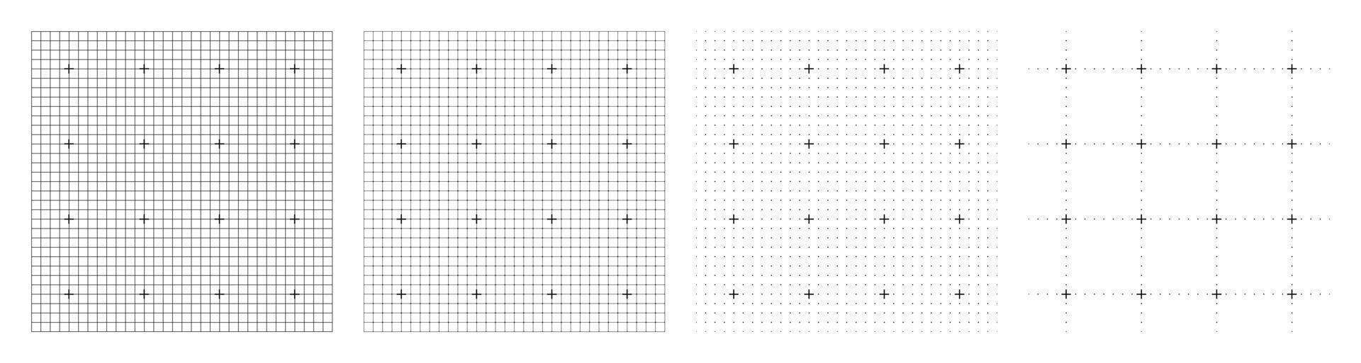 White abstract grid variations with black plus signs and dotted guides for calibration, measurement, engineering planning, data layout, and modern technology background use vector