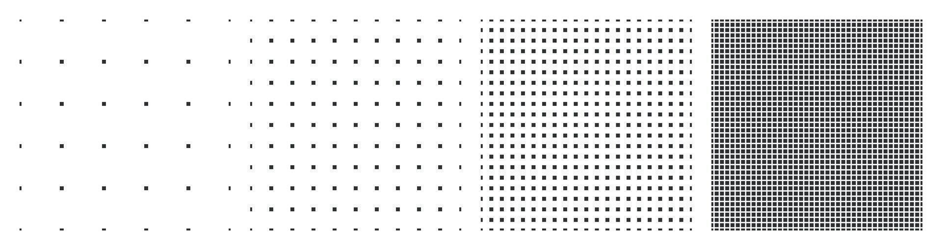 Dotted pattern sheet collection in increasing density black square dots on white background geometric grid design for planner bullet journal notebook paper or digital backgrounds clean minimal layout vector