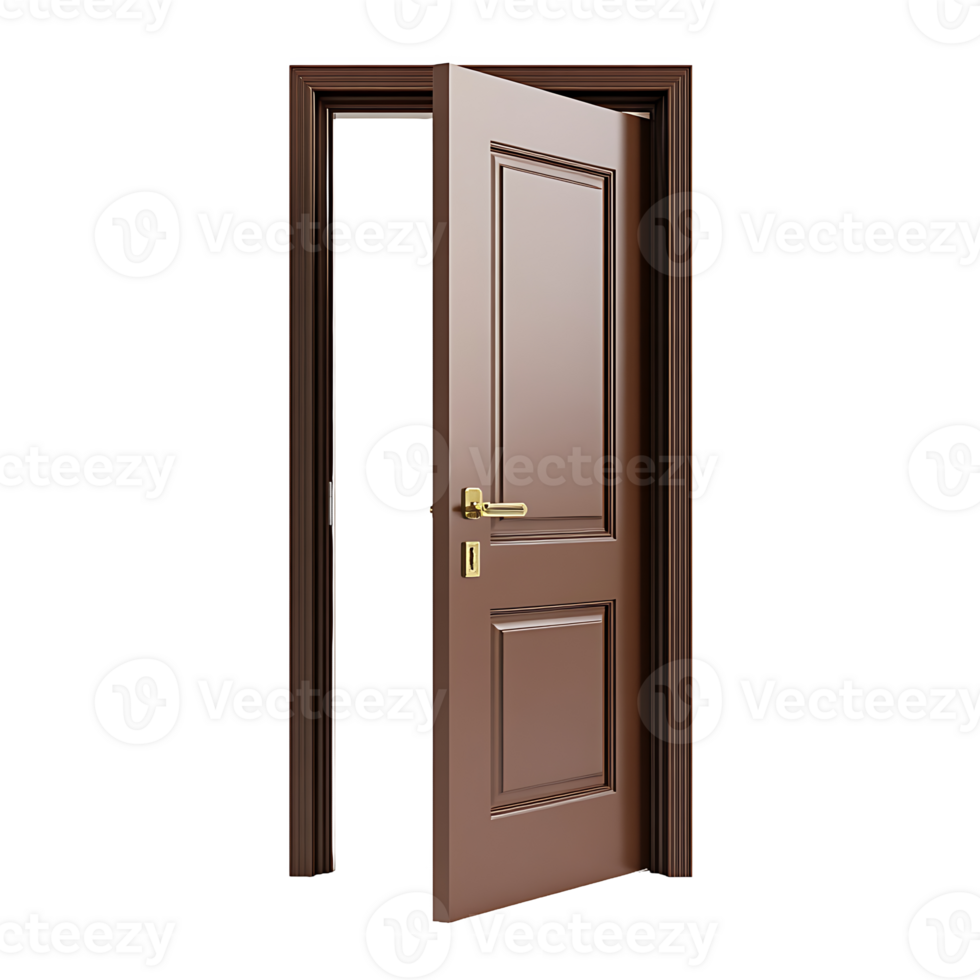 Ajar brown wooden door with golden handle presents a path forward on transparent background png