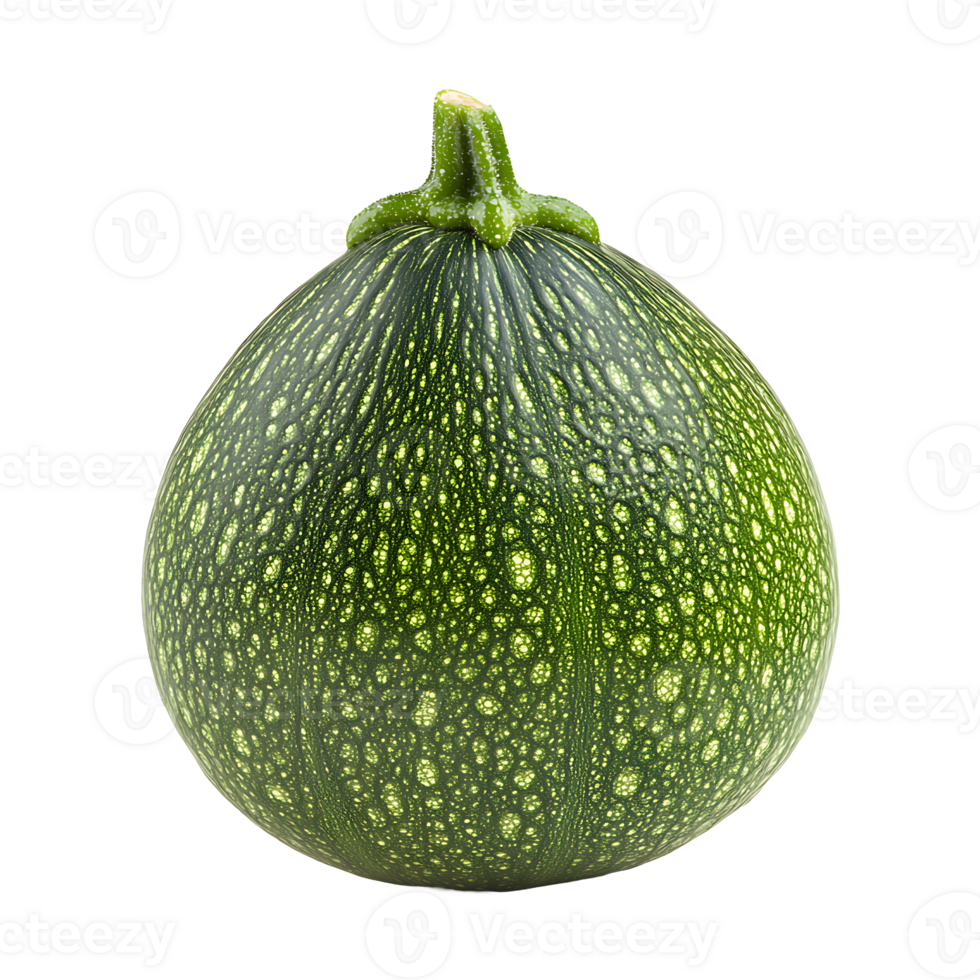 A speckled dark green calabash vegetable stands upright with its stem on transparent background png