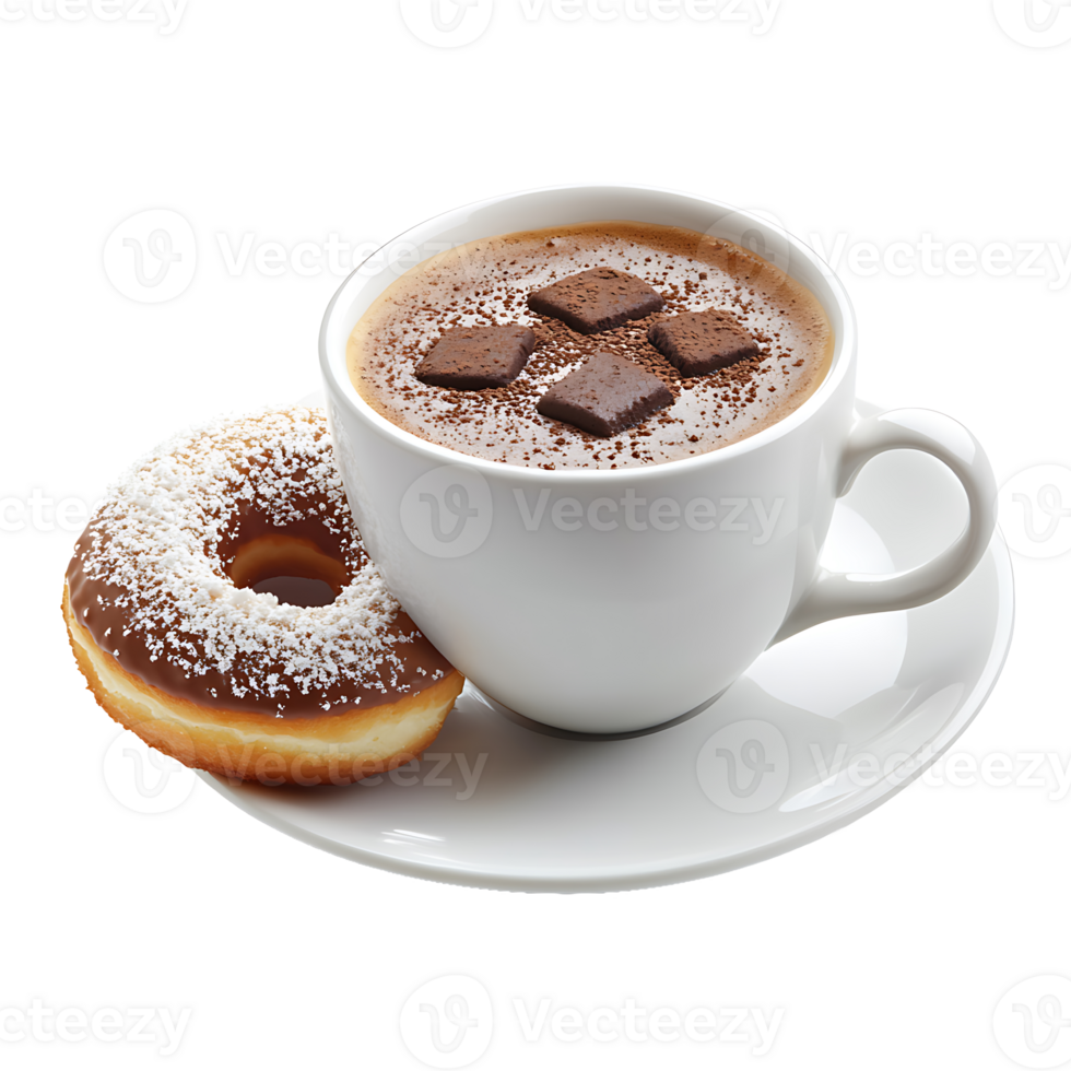 A tasty donut rests beside hot chocolate adorned with chocolate squares on transparent background png