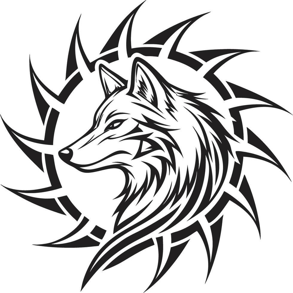 Tribal wolf head design in a spiky circle isolated on white background vector