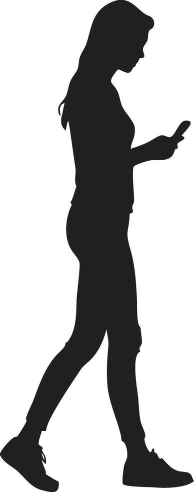 Walking woman using smartphone silhouette vector