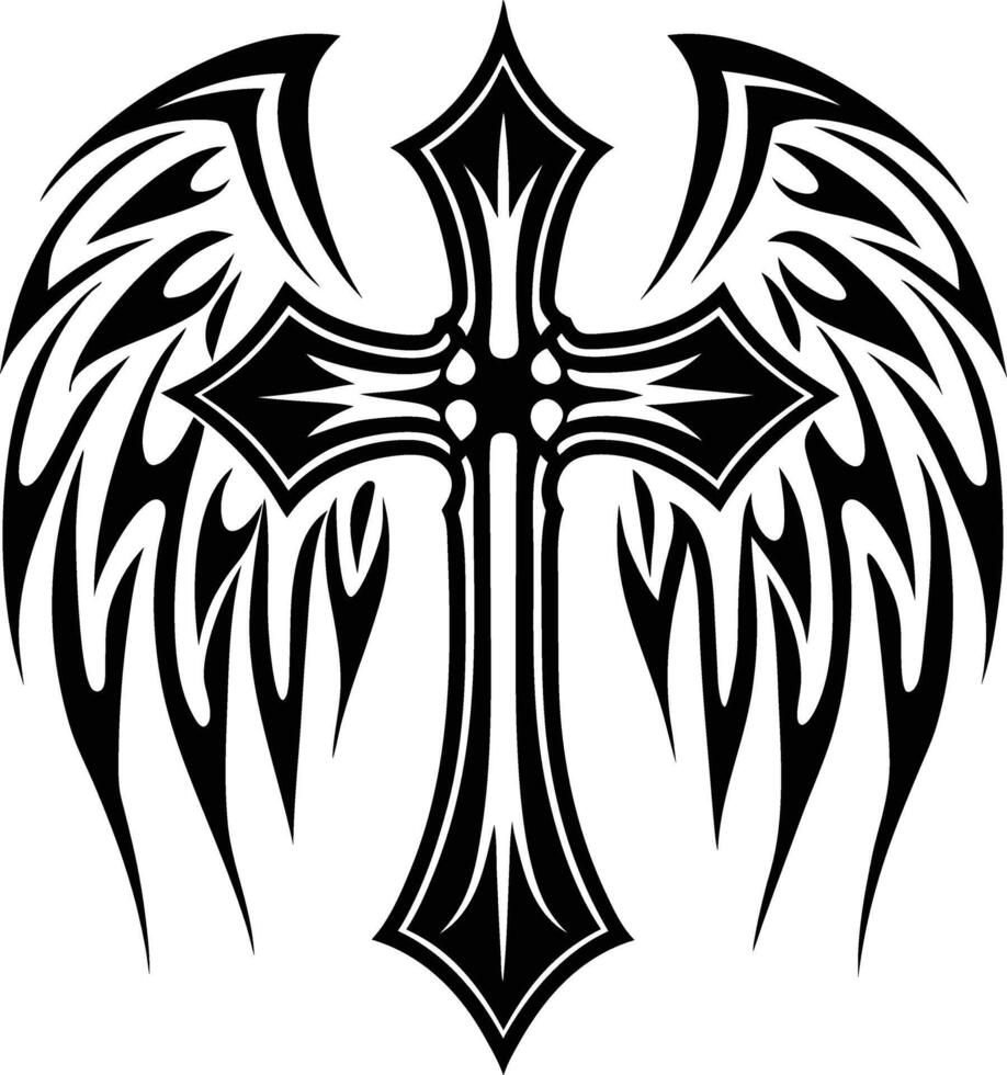 Tribal style cross with wings design isolated on white background vector