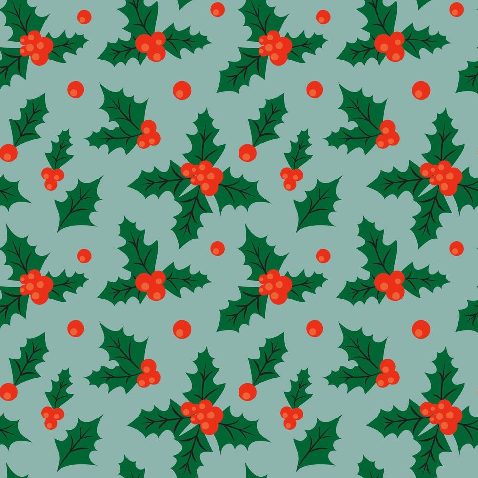 Blue retro Christmas pattern with holly leaves and berries vector