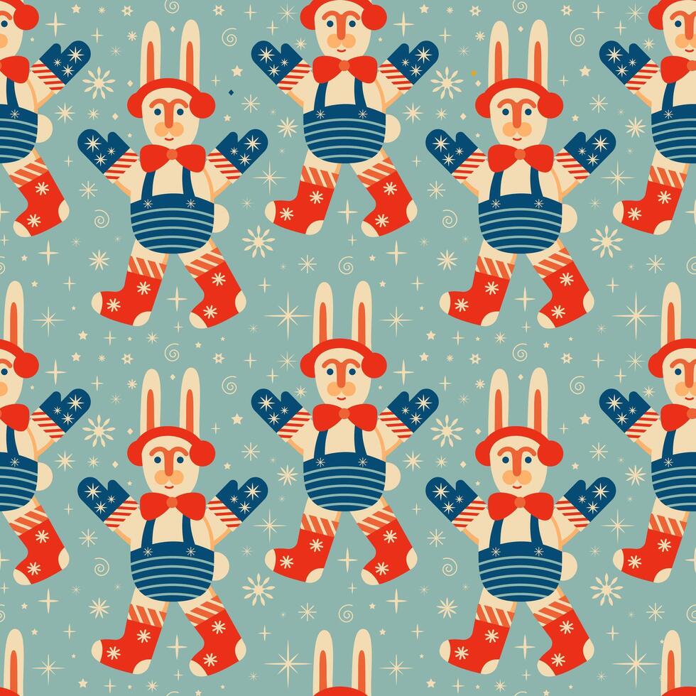 Pattern of cartoon rabbits in festive outfits vector