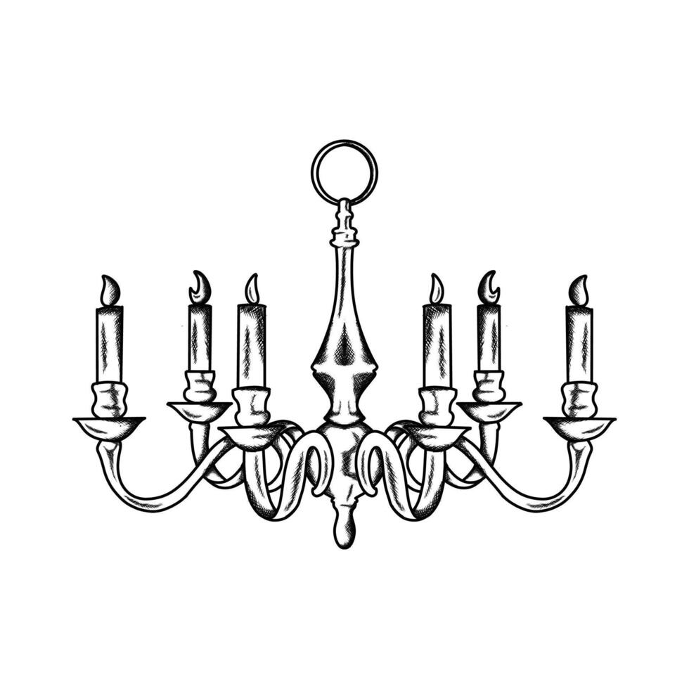 candle chandelier illustration hand draw style in vintage engraved sketch outline style vector
