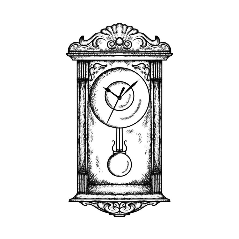 pendulum wall clock illustration hand draw style in vintage engraved sketch outline style. vector