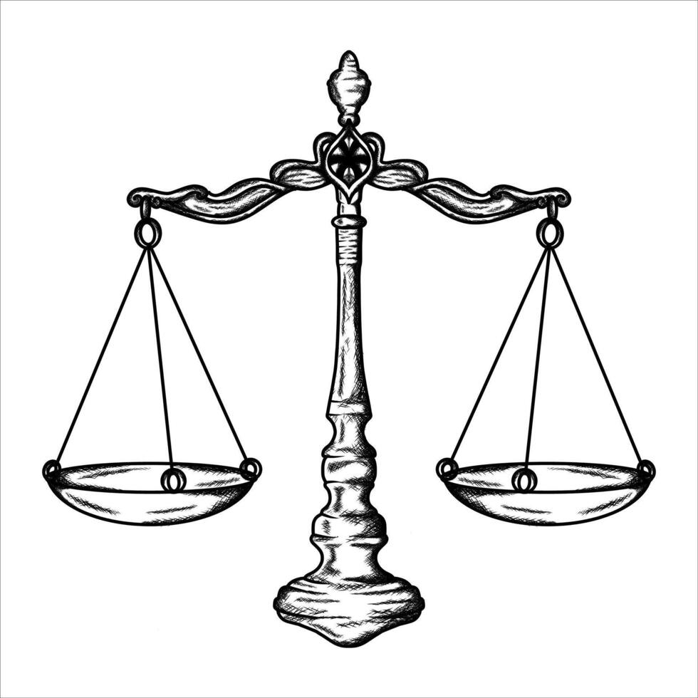 the scales of justice illustration hand draw style in vintage engraved sketch outline style. vector