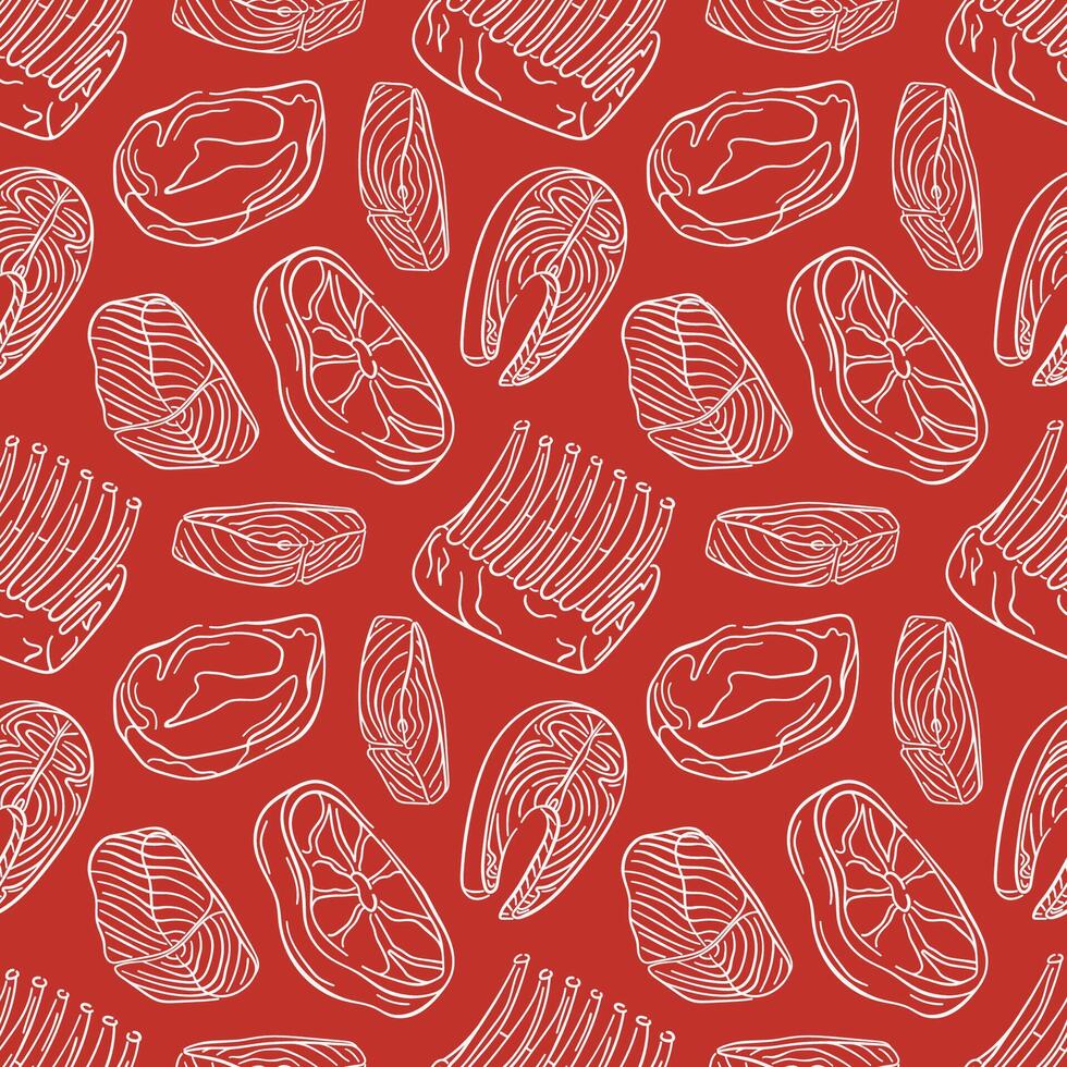 Seamless pattern with meat steak and salmon fish cut in line art style on red background. Perfect for culinary design, delivery packaging, grocery wallpaper and kitchen menu. vector