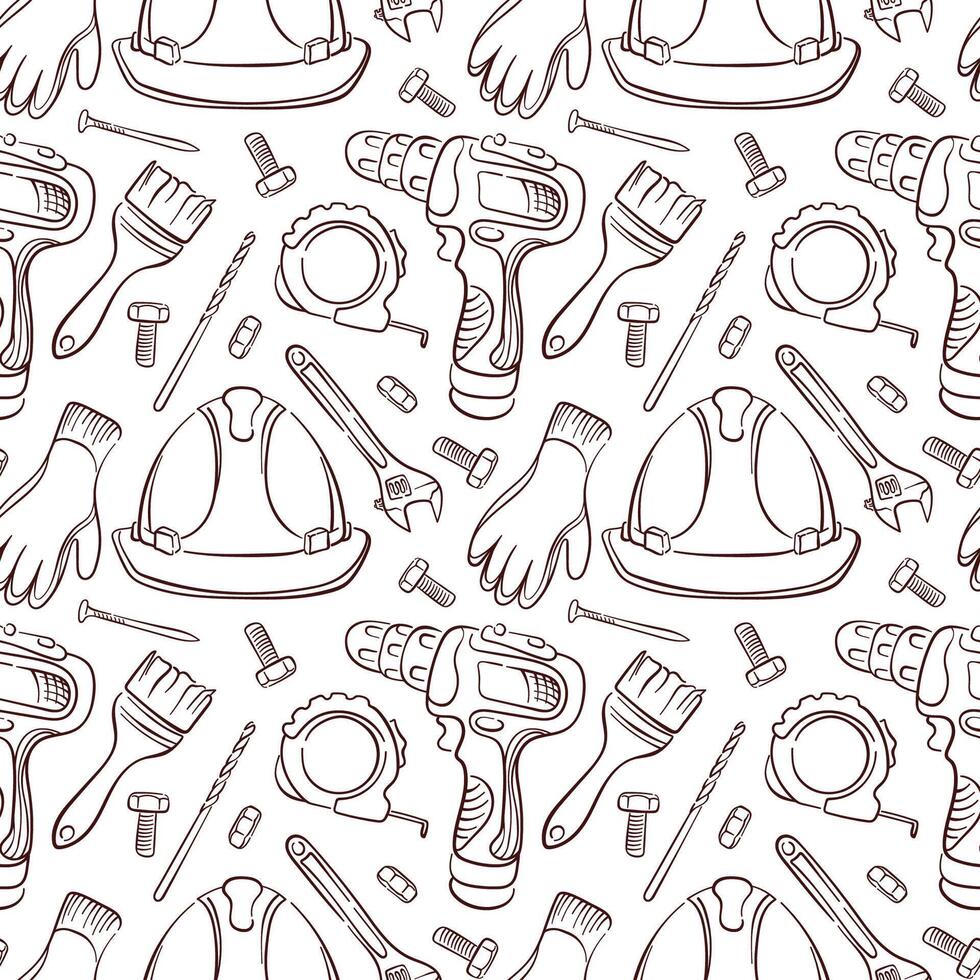 Seamless pattern of line art style construction tool drill, helmet, gloves, wrench, Tape Measure and paint brush. Perfect for building store packaging, repair design. vector