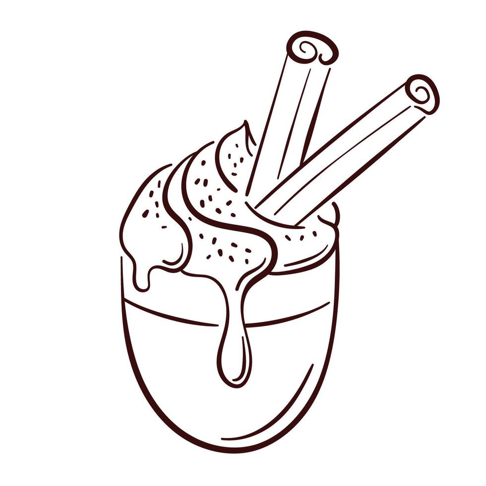 Coffee cup with whipped cream and cinnamon sticks in line art style. Perfect for cafe delivery packaging, bakery wallpaper isolated on white background. vector