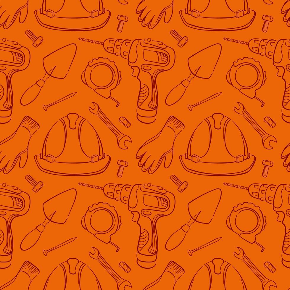 Seamless construction pattern with drill, helmet, gloves. wrench and tools line art style on orange background. Perfect for building industry, packaging and engineering design. vector