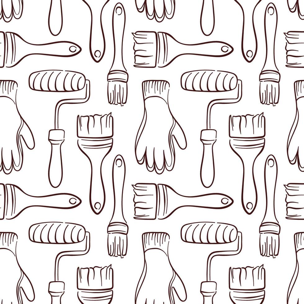 Seamless pattern with line art painting tools including brush, paint roller and gloves. Perfect for construction wallpaper packaging or renovation themed design project. vector