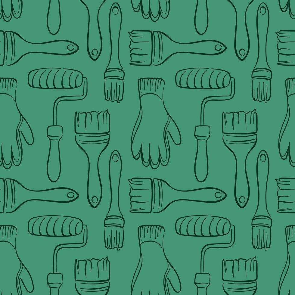 Seamless pattern of painting tools in line art style with brush, paint roller and gloves. Perfect for construction packaging or wallpaper store design. vector