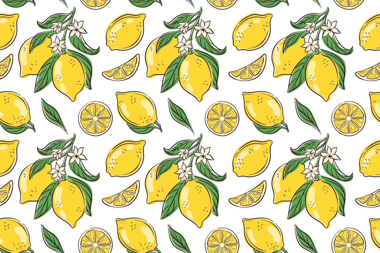 Seamless pattern with whole lemon and slice, flowers with green leaves on white background. Bright citrus fruit design for summer kitchen fabric, packaging and organic theme. vector