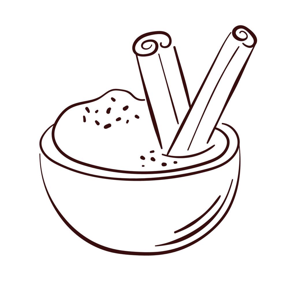Bowl filled with cinnamon powder and stick in line art style isolated on white background. Perfect for spice, herb, cooking and kitchen ingredient design. vector