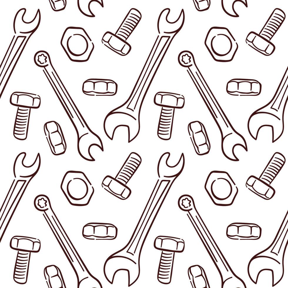 Seamless pattern with line art repair tools including wrench, bolt, nut and screw on white background. Perfect for construction mechanical store and engineering design. vector