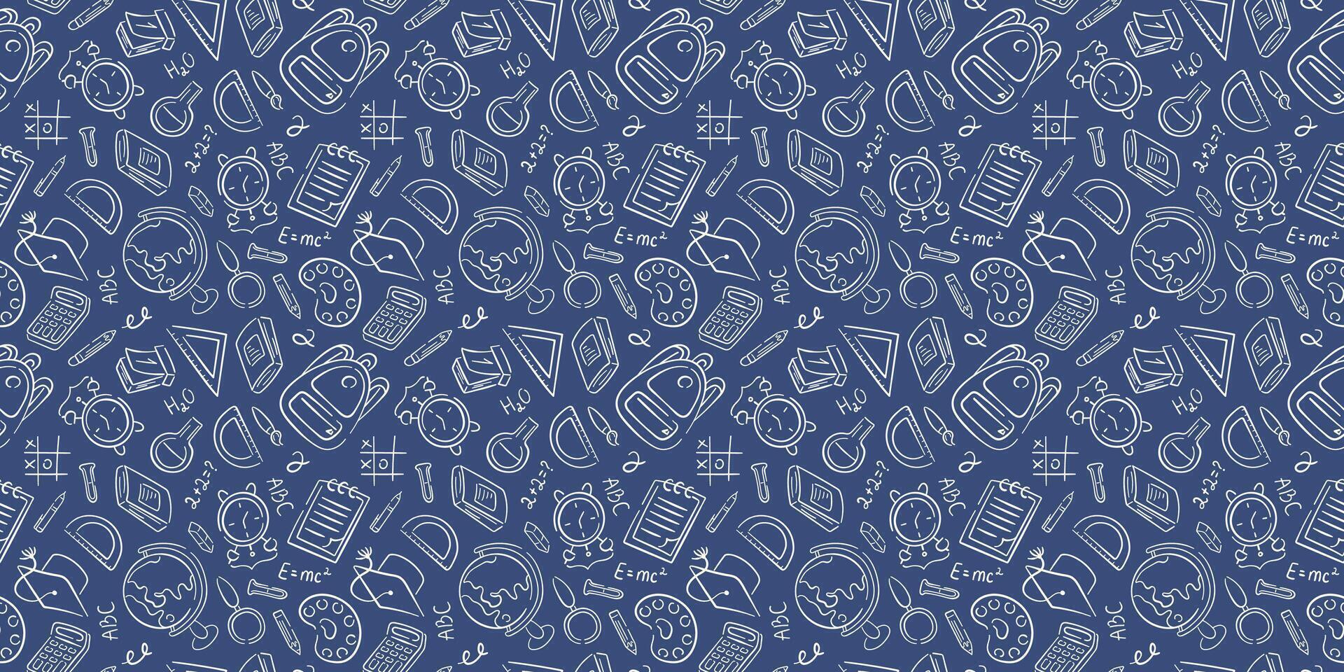 Seamless school doodle pattern with education elements, books pencil, globe, clock and backpack on blue background. Perfect for learning and children design. vector