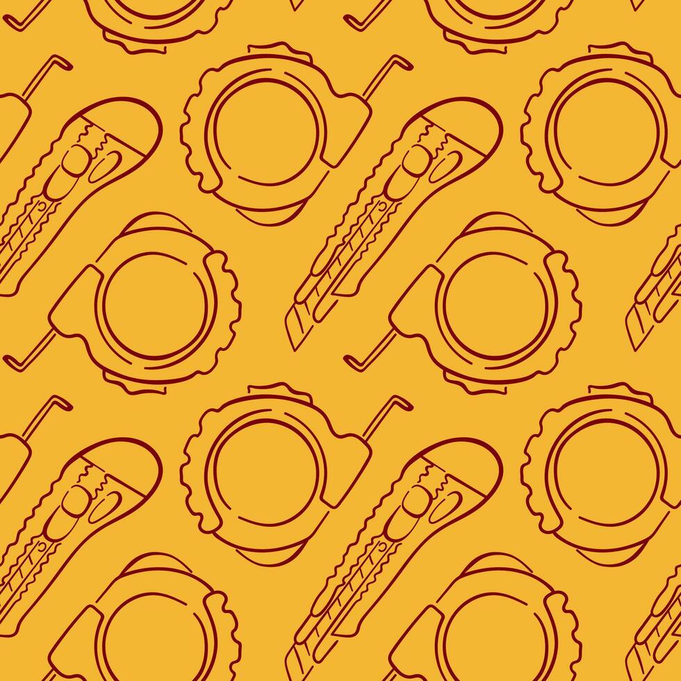 Seamless pattern with utility knife and measuring tape in line art style on yellow background. Perfect for construction shop packaging, repair tool print and hardware site branding. vector