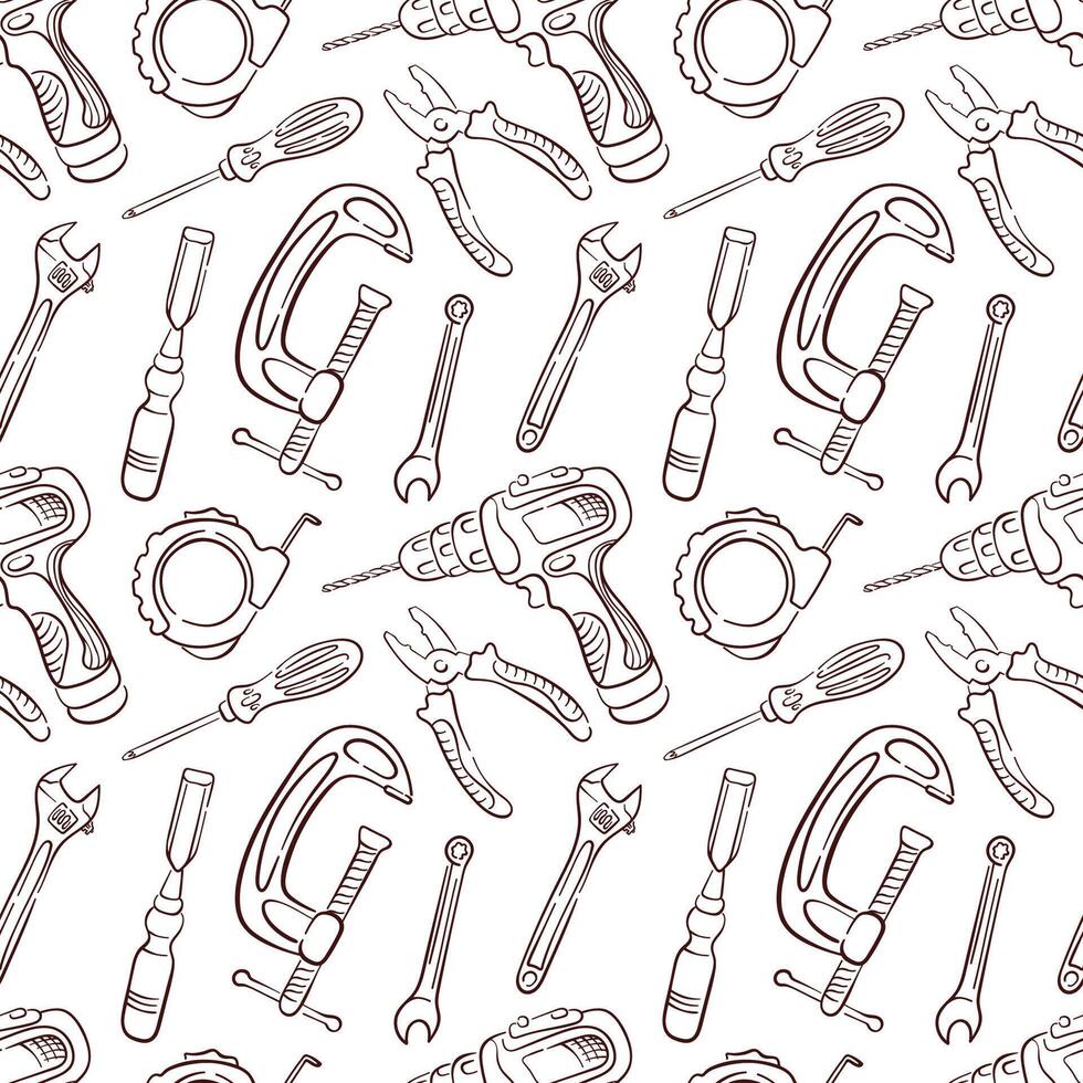 Seamless pattern with line art style tools, drill, clamp, pliers, wrench and screwdriver. Perfect for construction repair store and industrial repair design. vector
