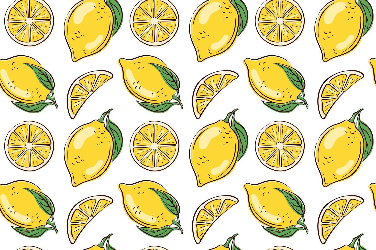 Seamless lemon pattern with whole fruit, slices and leaves in flat style. Citrus background for packaging, kitchen decor, textiles or summer themed design. vector