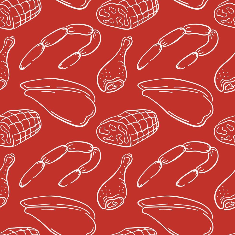 Seamless meat pattern with line art sausage, drumsticks, chicken fillet and ham on red background. Perfect for packaging butcher shop, menu or culinary design. vector