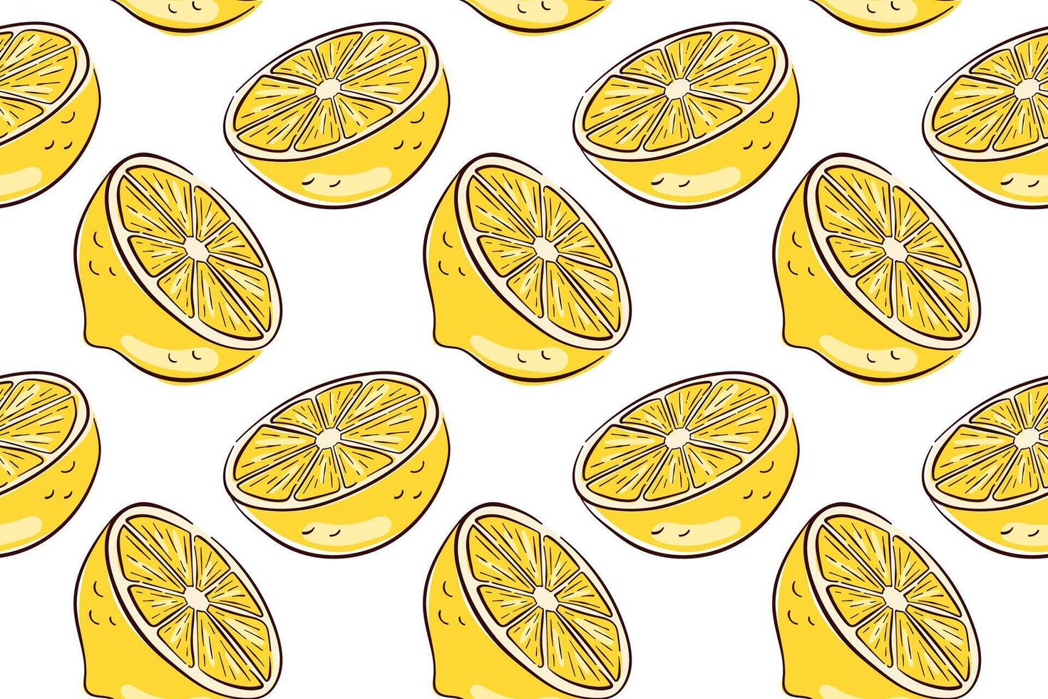 Seamless pattern of yellow lemon half with segments on a white background in flat style. Perfect for fresh citrus theme, summer design, kitchen decor and healthy food illustration. vector