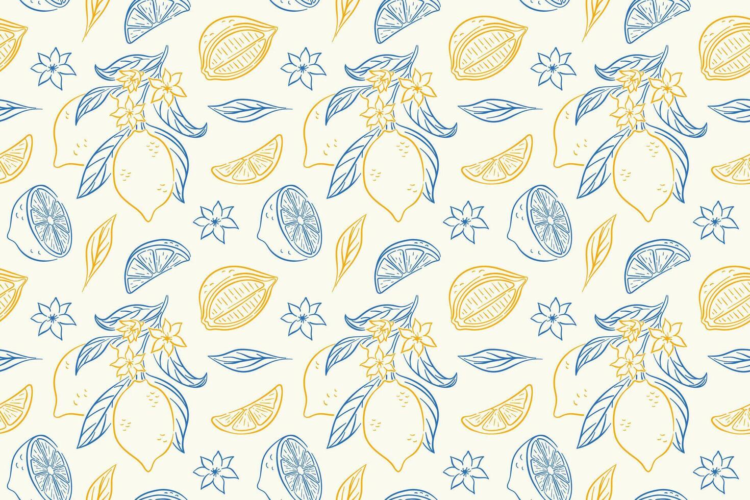 Seamless pattern with line art style lemon, leaf and flower on a white background. Perfect for textile, packaging, summer and fresh fruit design. vector
