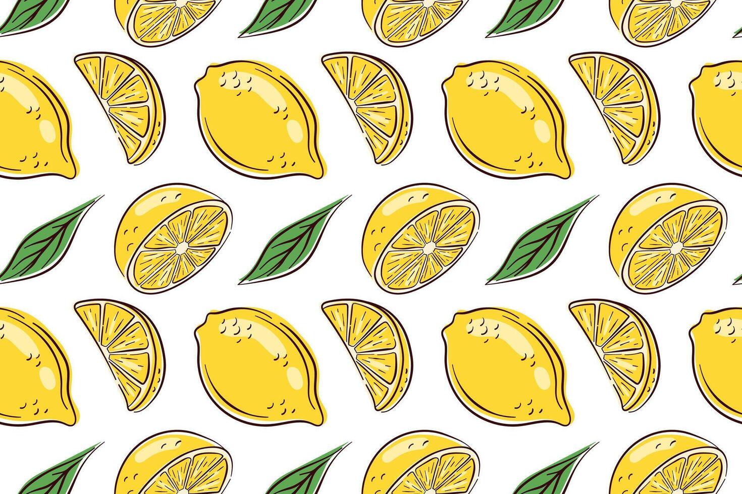 Colorful lemon pattern with bright yellow fruit, green leaves and juicy slice. Seamless background for packaging, textiles, kitchen prints or fresh summer themed design. vector