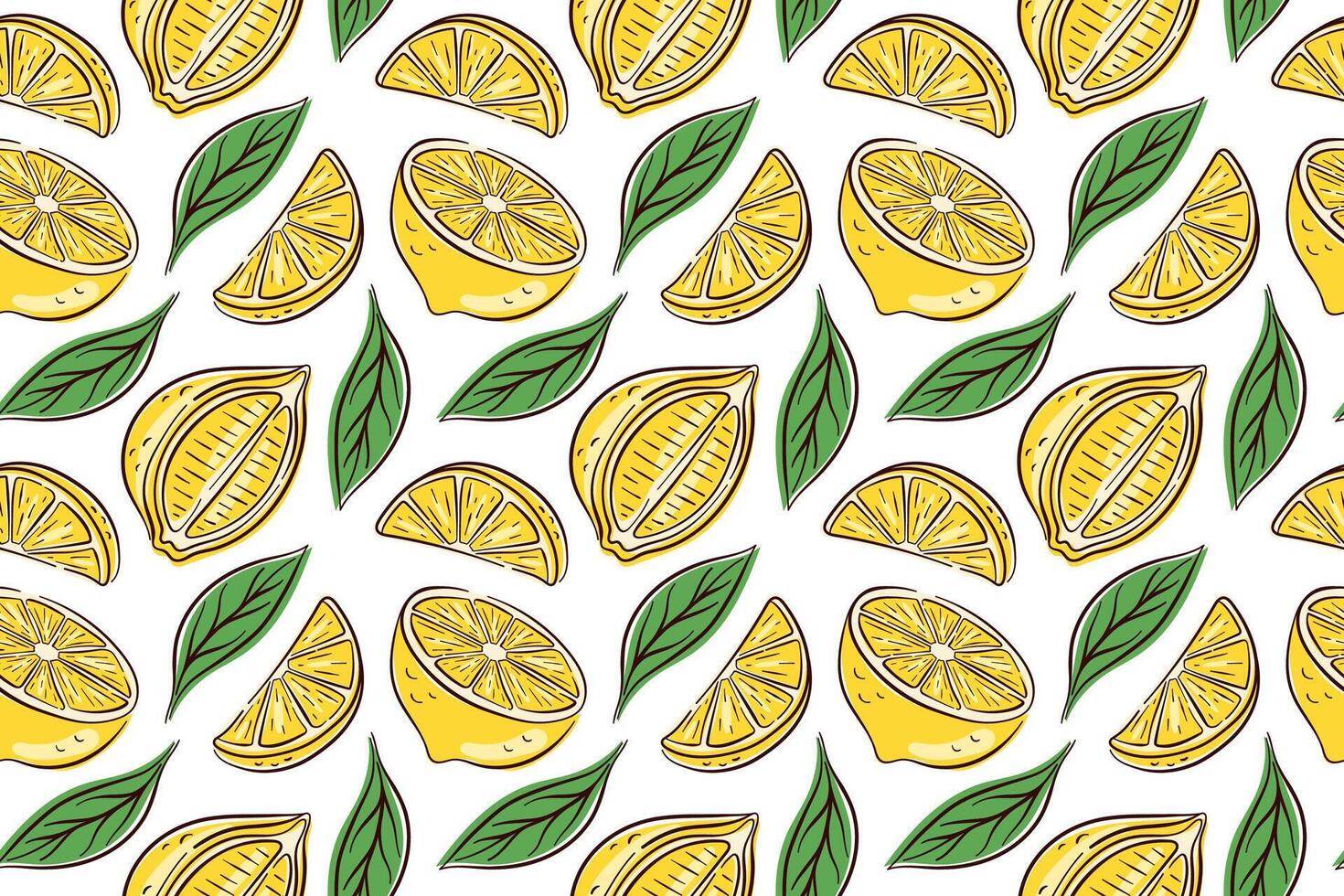 Seamless pattern with yellow lemon slice, half and green leaves in flat style on white background. Fresh fruit design for summer packaging, fabric, wallpaper or kitchen decoration. vector