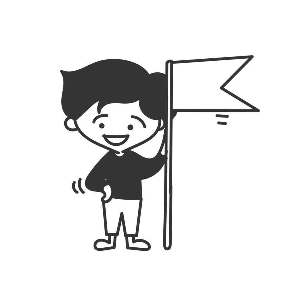 cartoon a black and white drawing of a boy holding a flag vector