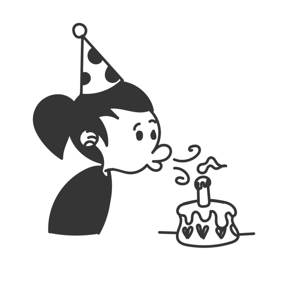 a black and white illustration of a girl blowing out a candle on a cake vector