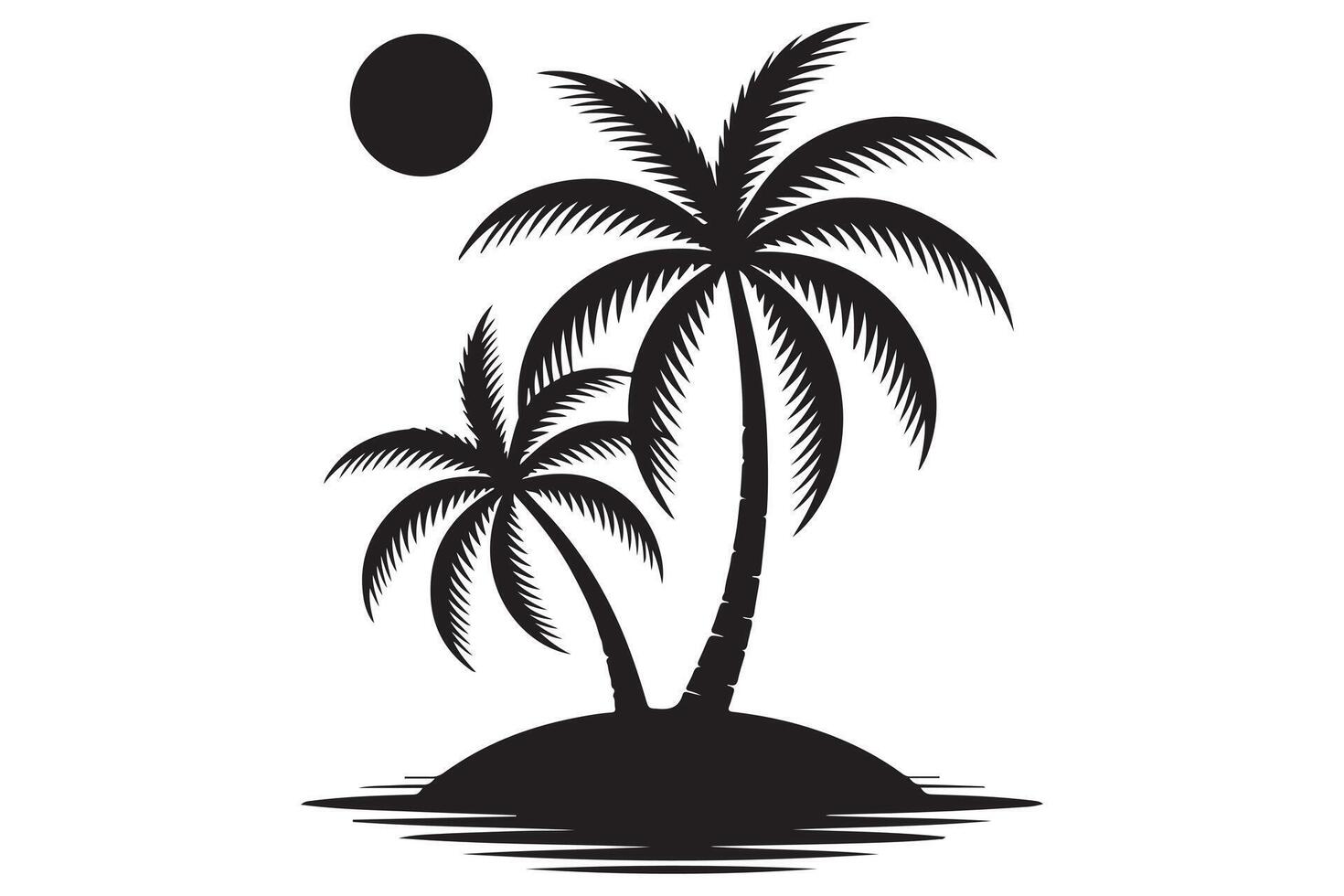 Exotic beach island with sun and palm tree silhouette vector