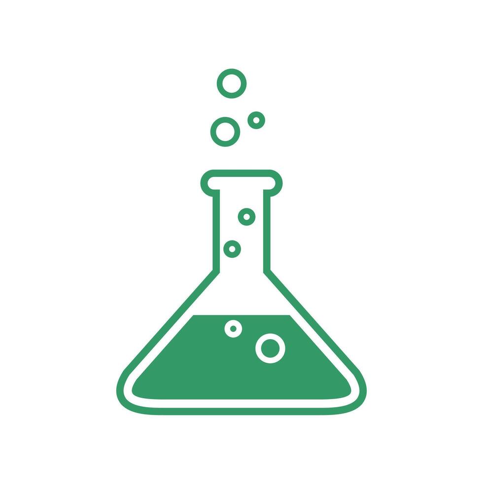 flat illustration showing an erlenmeyer flask containing a bubbling green liguid on a white background vector