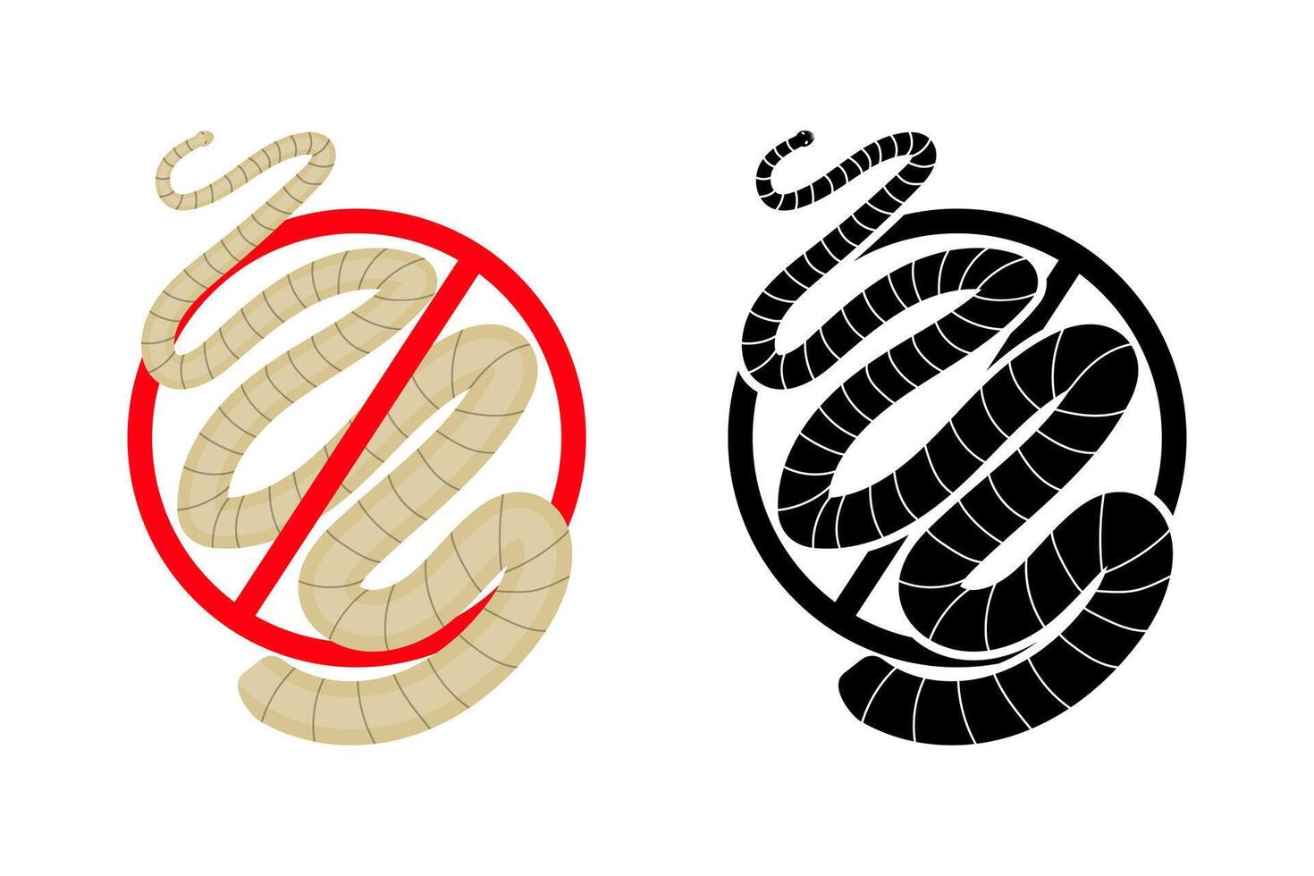 Two versions of a stylized tapeworm crossed by a red forbidden sign, representing the concept of antiparasitic treatment and prevention of helminthiasis vector