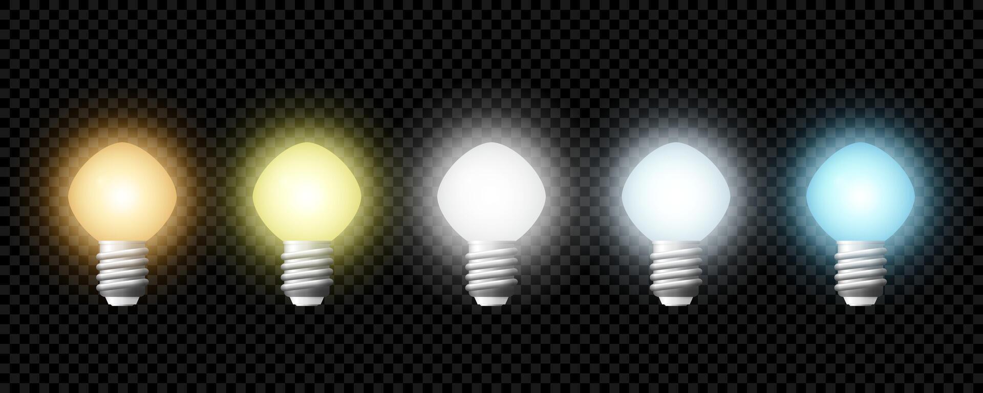 Light bulbs emitting light in varying color temperatures create a gradient from warm yellow to cool blue, illustrating concepts of lighting and energy efficiency vector